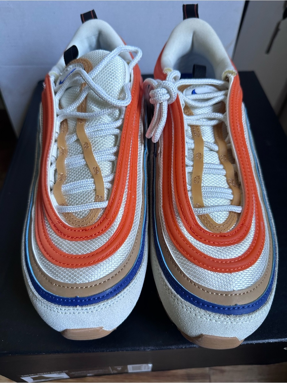Nike  Airmax 97 Men's White, Orange, Tan & Blue Layered Sneakers
